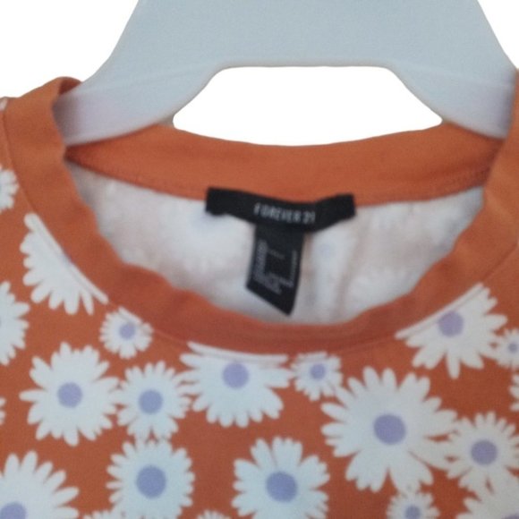 Forever 21 Floral Daisy Short Sleeve Cropped Top Crew Neck Casual Shirt Sz Large - Picture 3 of 5
